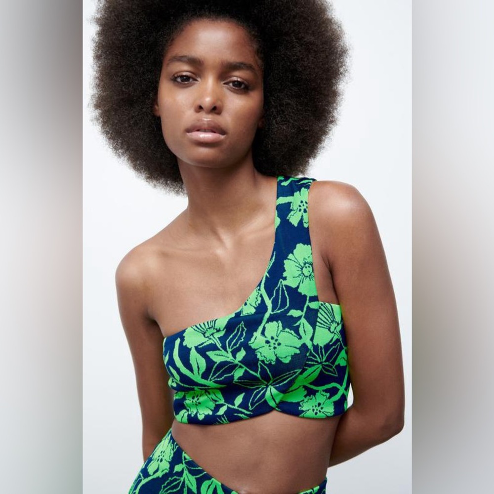 Zara NWT Green Blue Jacquard Floral Print Crop Top Mono Strap Shoulder Size S